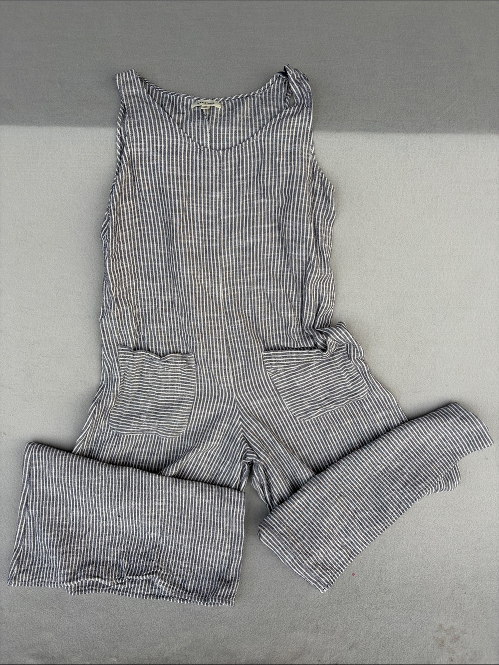 Max Studio Sleeveless Striped Linen Jumpsuit in Gray and White